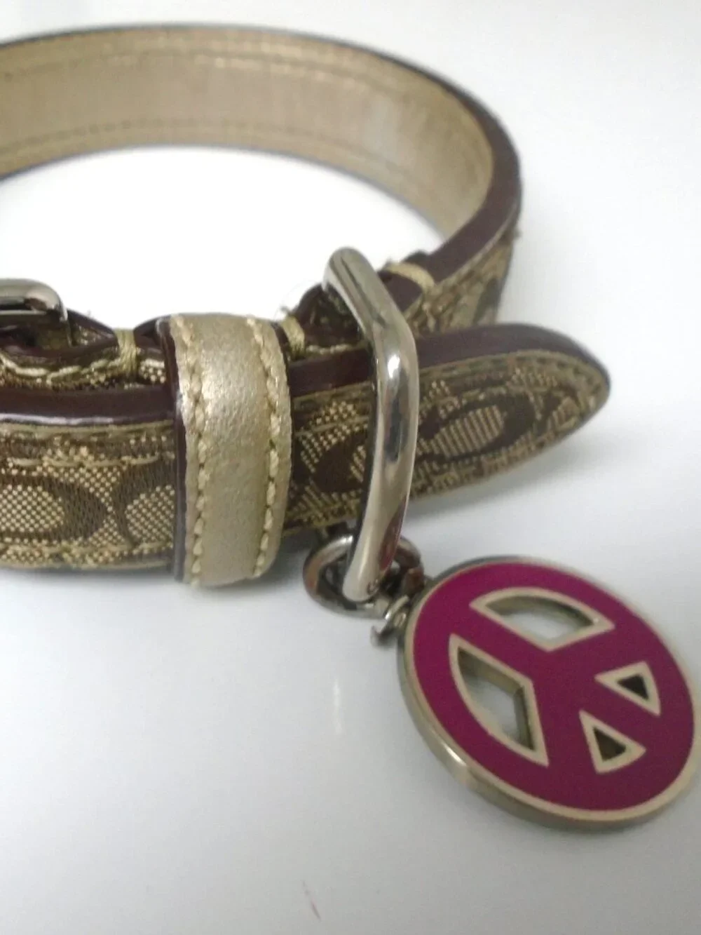 COACH GOLD LEATHER BROWN JACQUARD SIGNATURE C DOG PET COLLAR LEASH SET SIZE XS